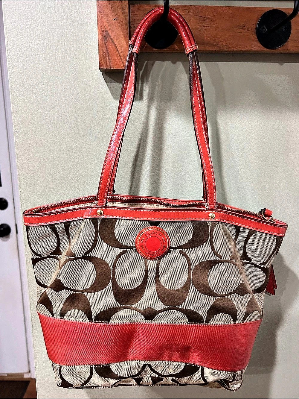 Coach Peyton Embossed Patent Leather Tote Bag Brown & Burnt Orange